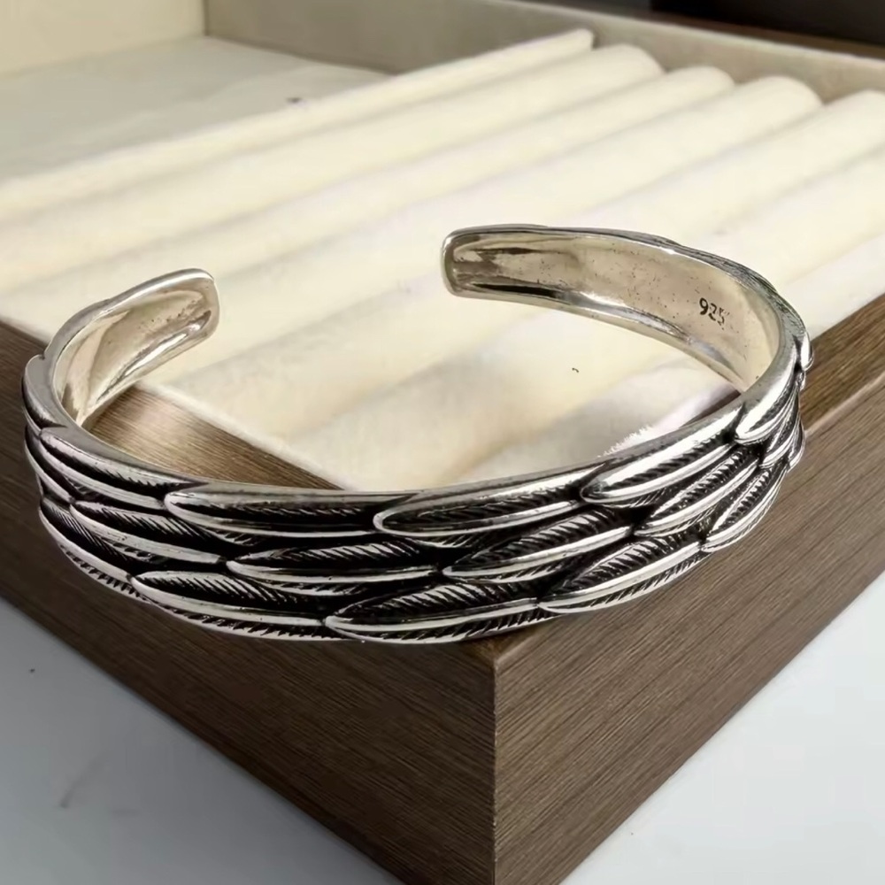 Sterling Silver Feather Cuff Bracelet - Open Bangle